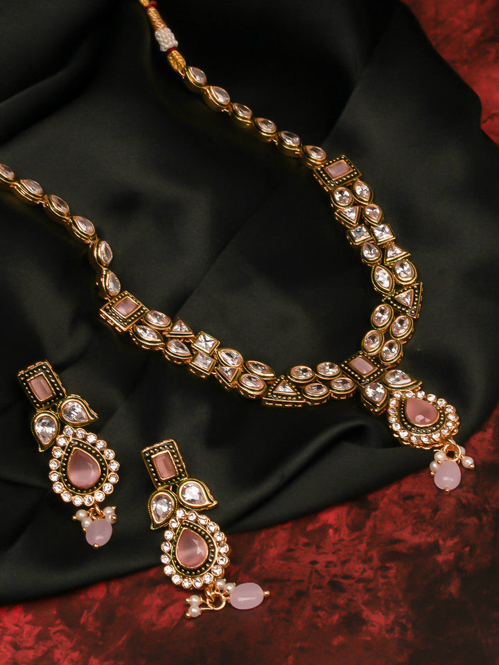 Golden &amp; White Polki Necklace Set With Earrings