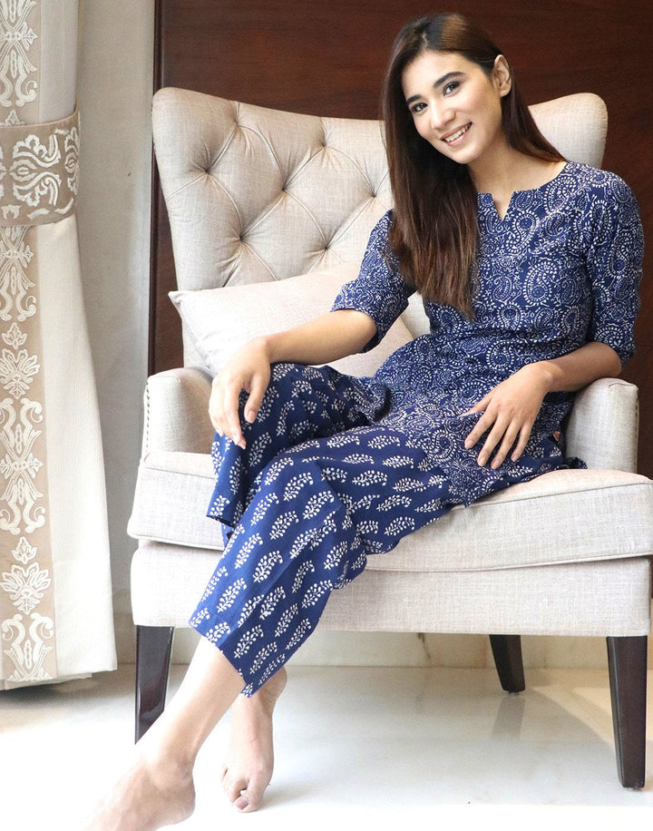 Blue Paisley Block Print Cotton Short Kurti Set