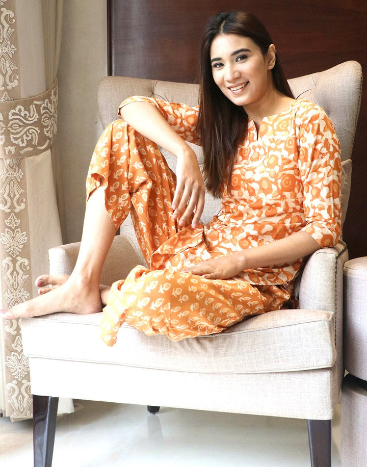 Mustard Batik Print Cotton Short Kurti Set