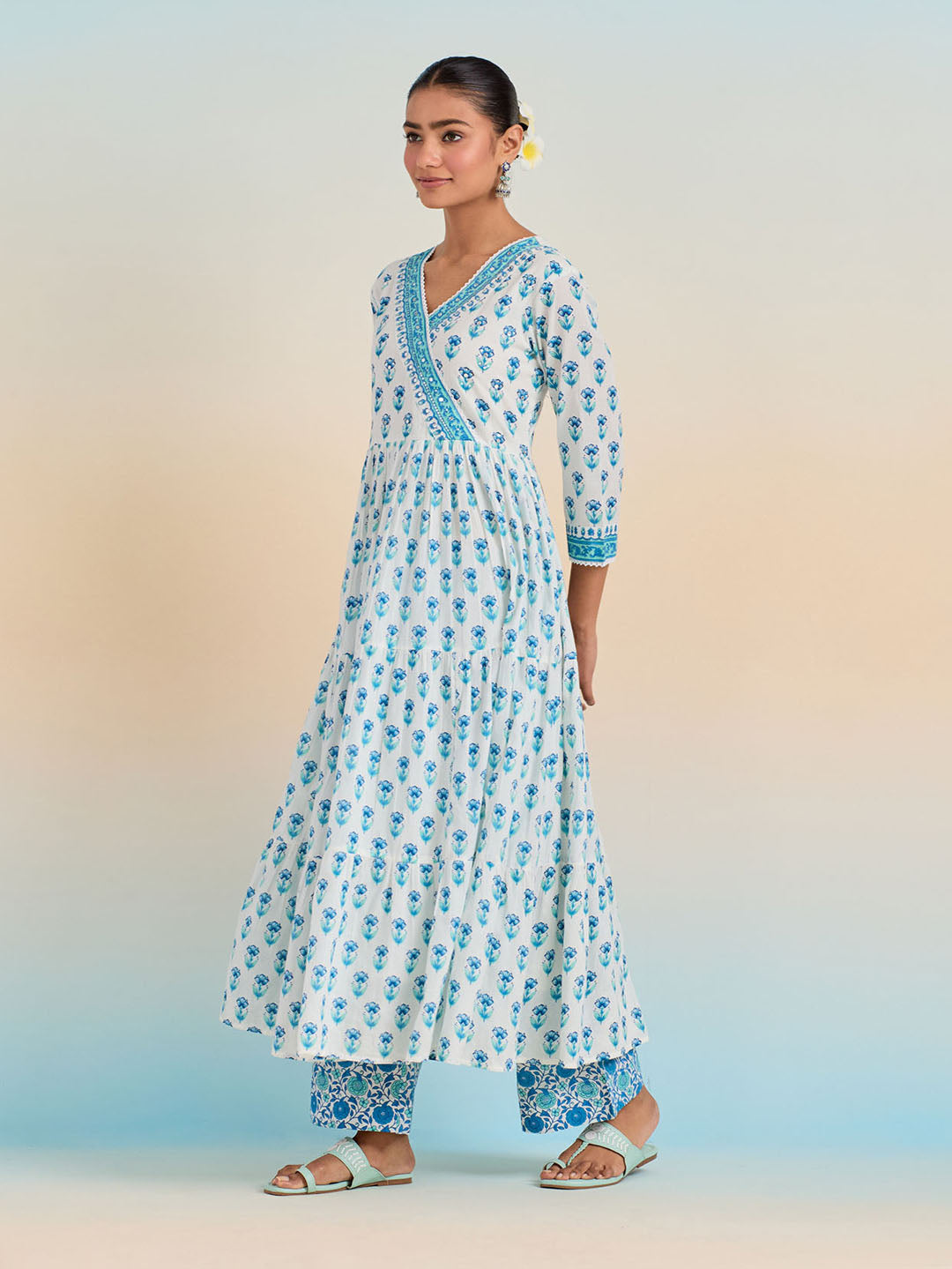 Floral Block Printed Cotton Kurta With Pants &amp; Dupatta