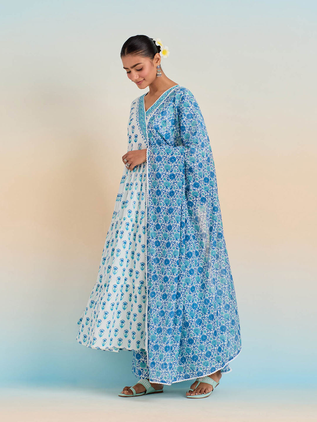 Floral Block Printed Cotton Kurta With Pants &amp; Dupatta