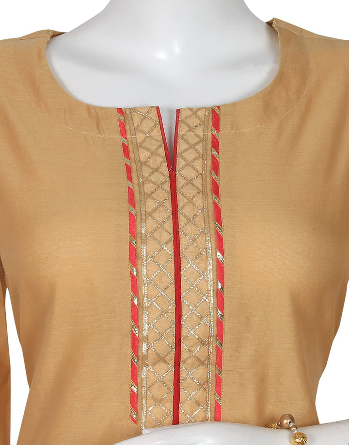 Beige &amp; Red Cotton Chanderi Kurti With Palazzo