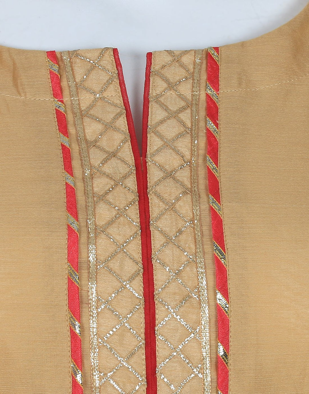 Beige &amp; Red Cotton Chanderi Kurti With Palazzo