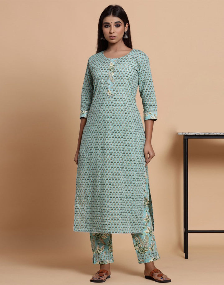 Sky Blue Cotton Printed Kurti Pant Set