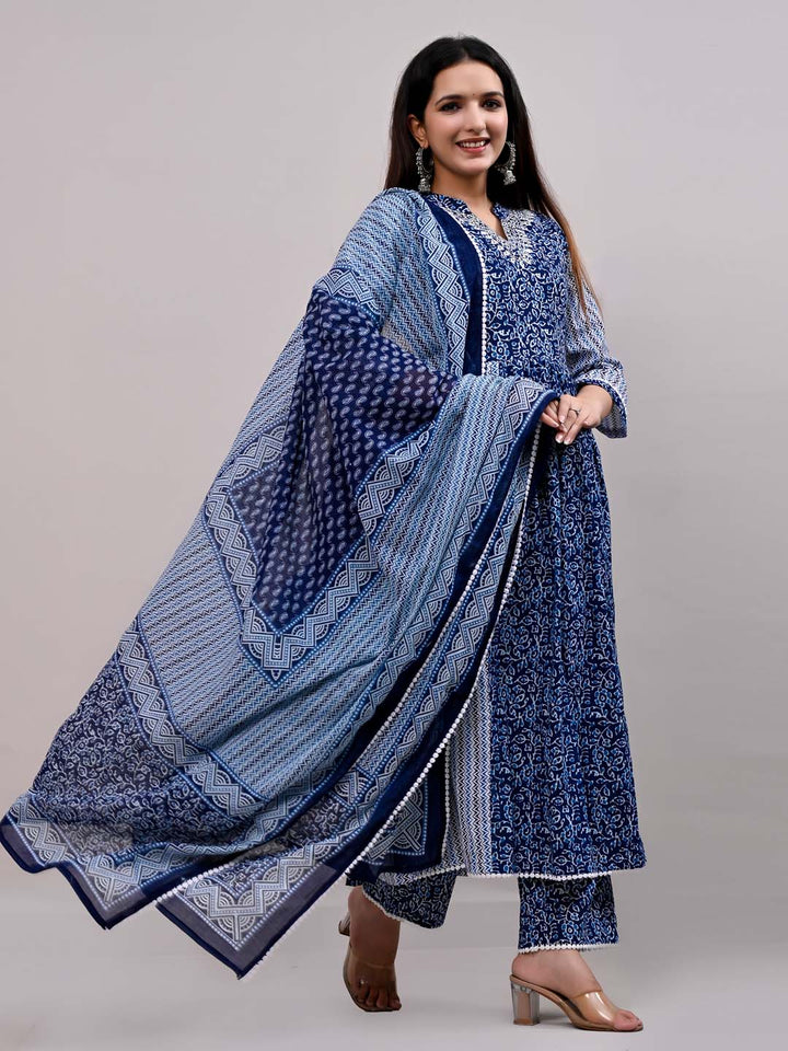 Printed Cotton Kurta With Pants &amp; Dupatta