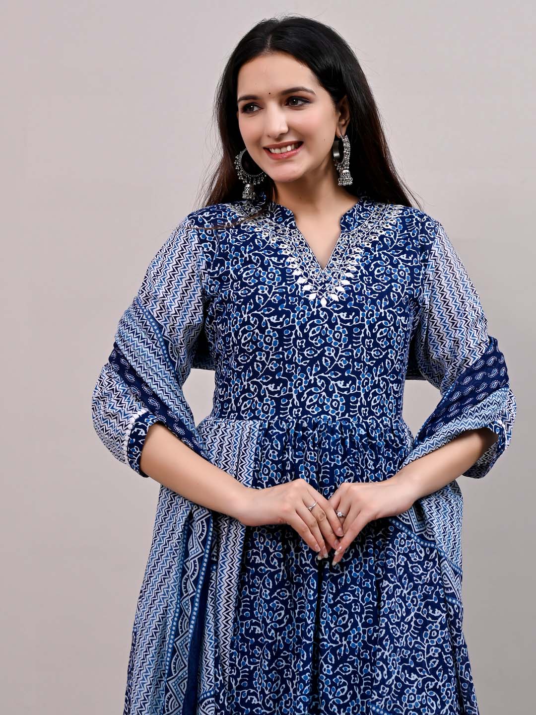 Printed Cotton Kurta With Pants &amp; Dupatta