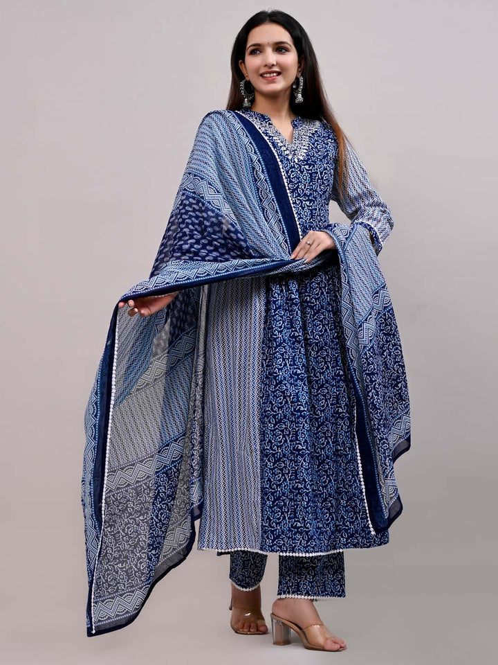 Printed Cotton Kurta With Pants &amp; Dupatta