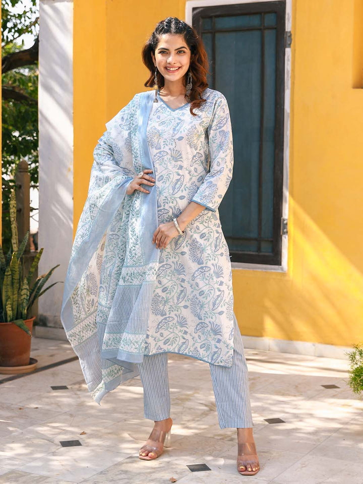 Floral Printed Cotton Kurta With Pants &amp; Dupatta