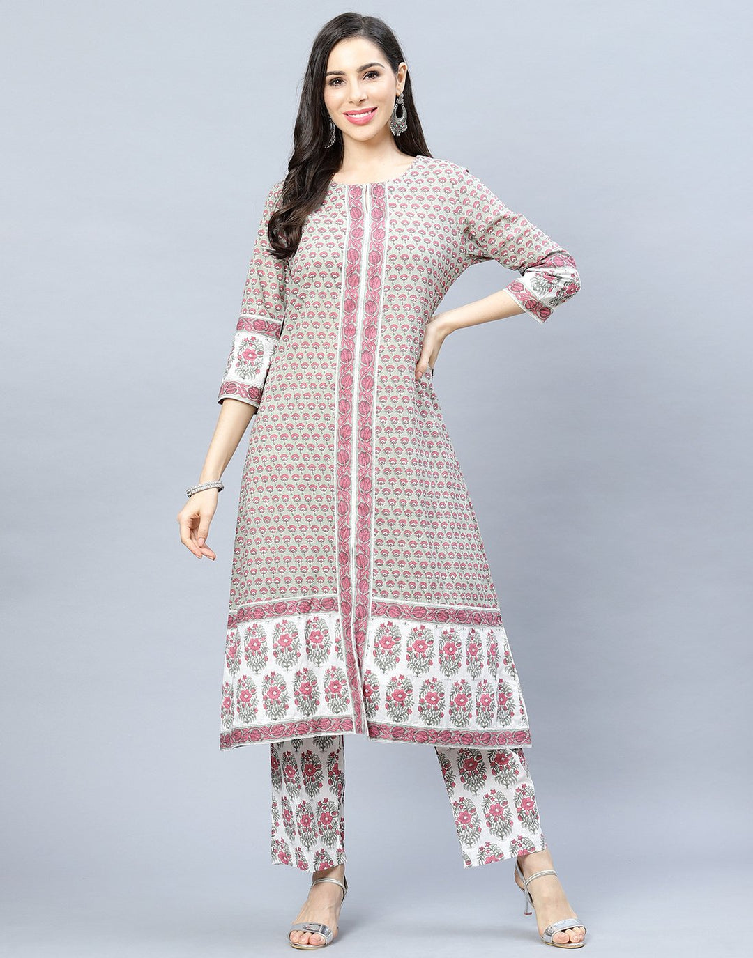 Dull Green Cotton Printed Kurti with Pant