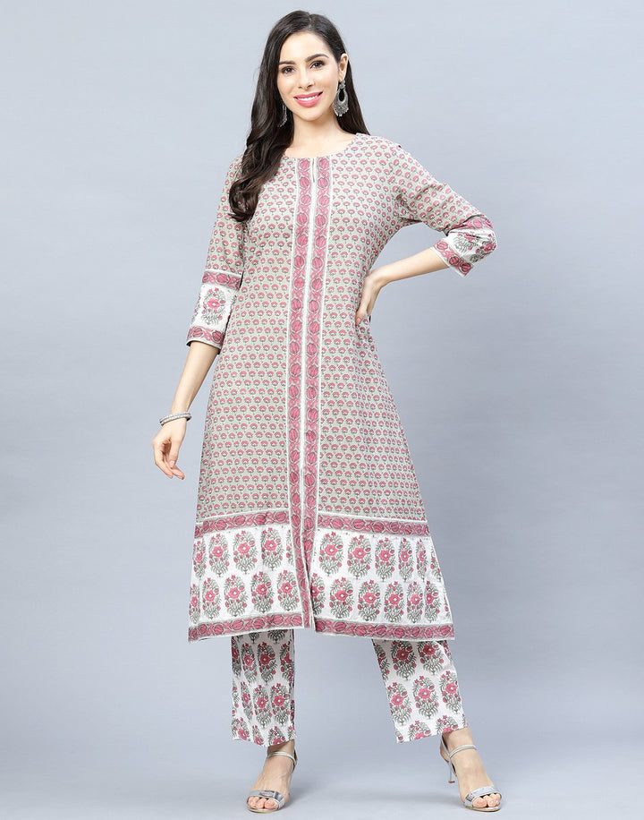 Dull Green Cotton Printed Kurti with Pant