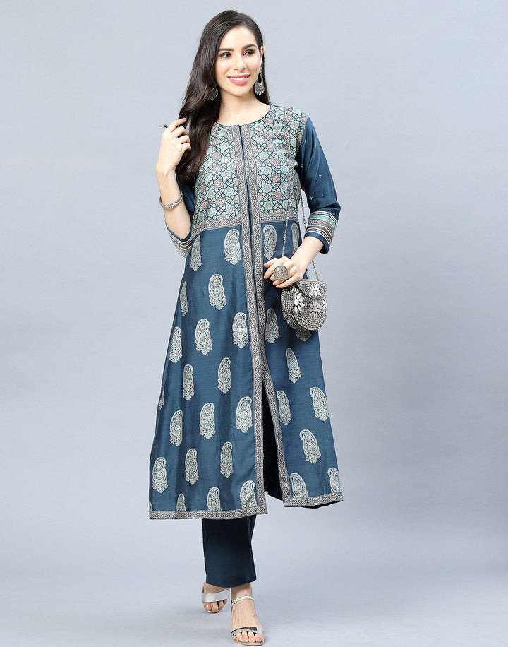 Chanderi Kurti Pant Set with Yoke Detail