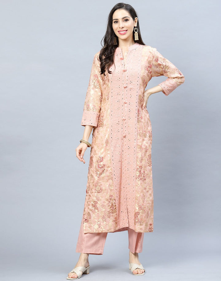 Embroidered Chanderi Kurti Pant Set