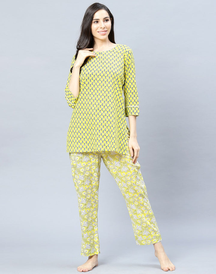 Yellow Printed Cotton Short Kurti Set