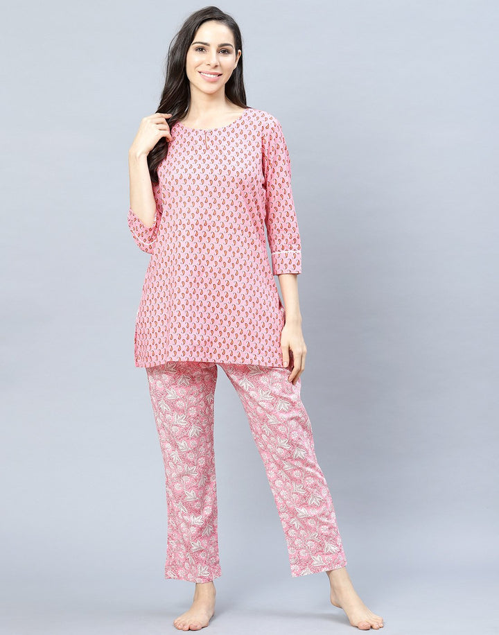 Pink Printed Cotton Short Kurti Set