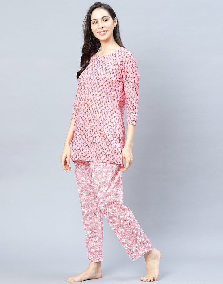 Pink Printed Cotton Short Kurti Set