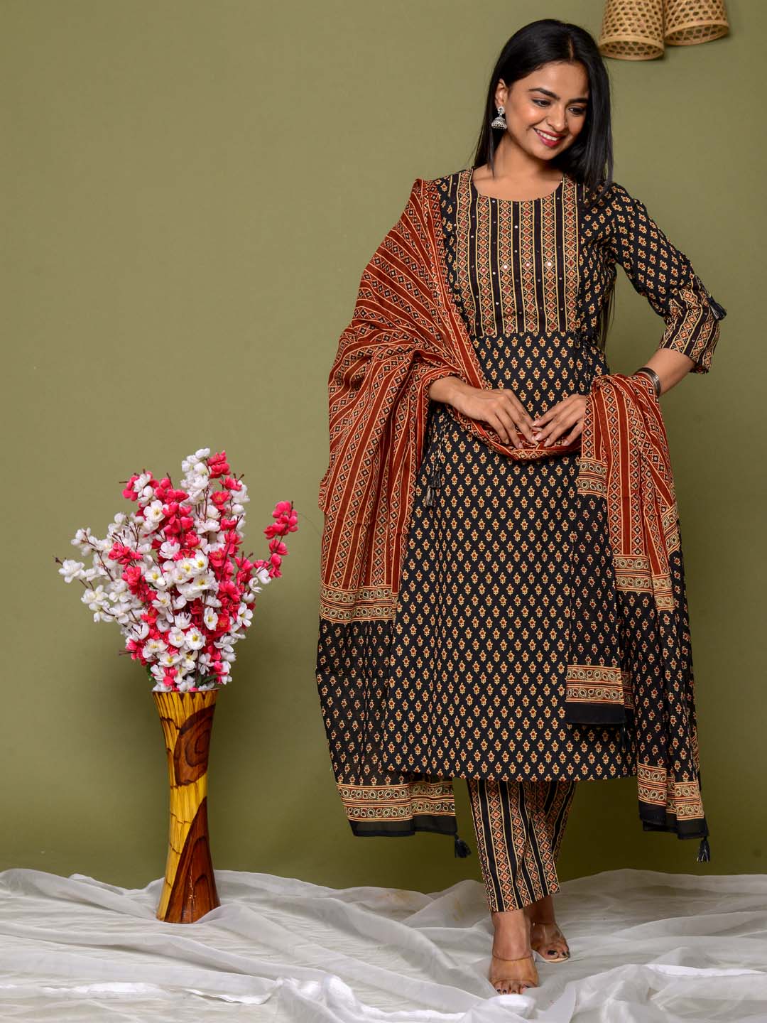 Printed Cotton Kurta With Pants &amp; Dupatta