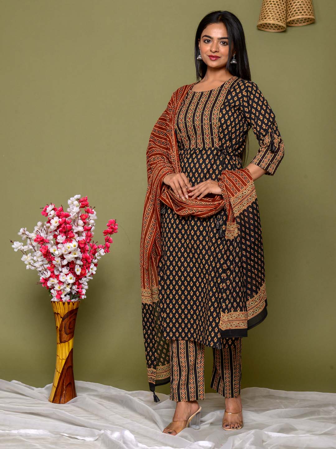 Printed Cotton Kurta With Pants &amp; Dupatta