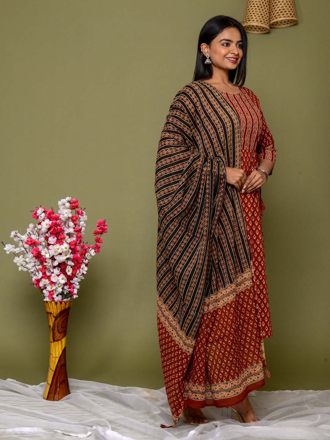 Printed Cotton Kurta With Pants &amp; Dupatta