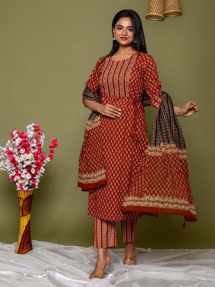 Printed Cotton Kurta With Pants &amp; Dupatta