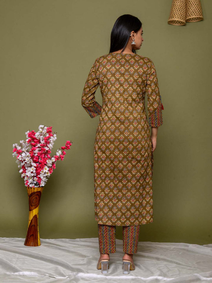 Embroidered Straight Cotton Kurta Set With Pants &amp; Dupatta