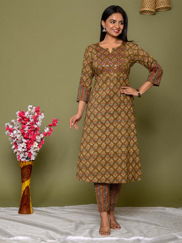 Embroidered Straight Cotton Kurta Set With Pants &amp; Dupatta
