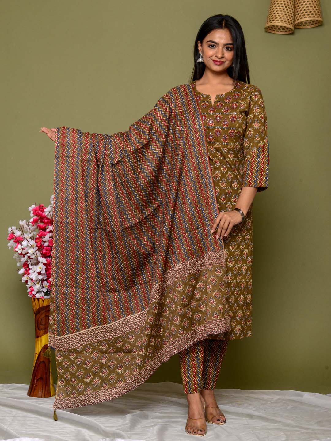 Embroidered Straight Cotton Kurta Set With Pants &amp; Dupatta