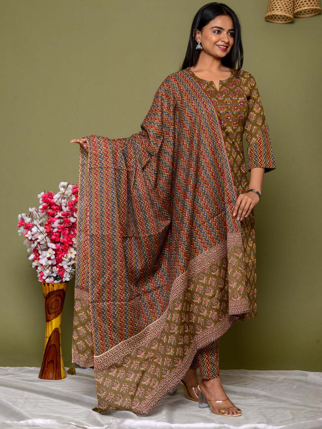 Embroidered Straight Cotton Kurta Set With Pants &amp; Dupatta