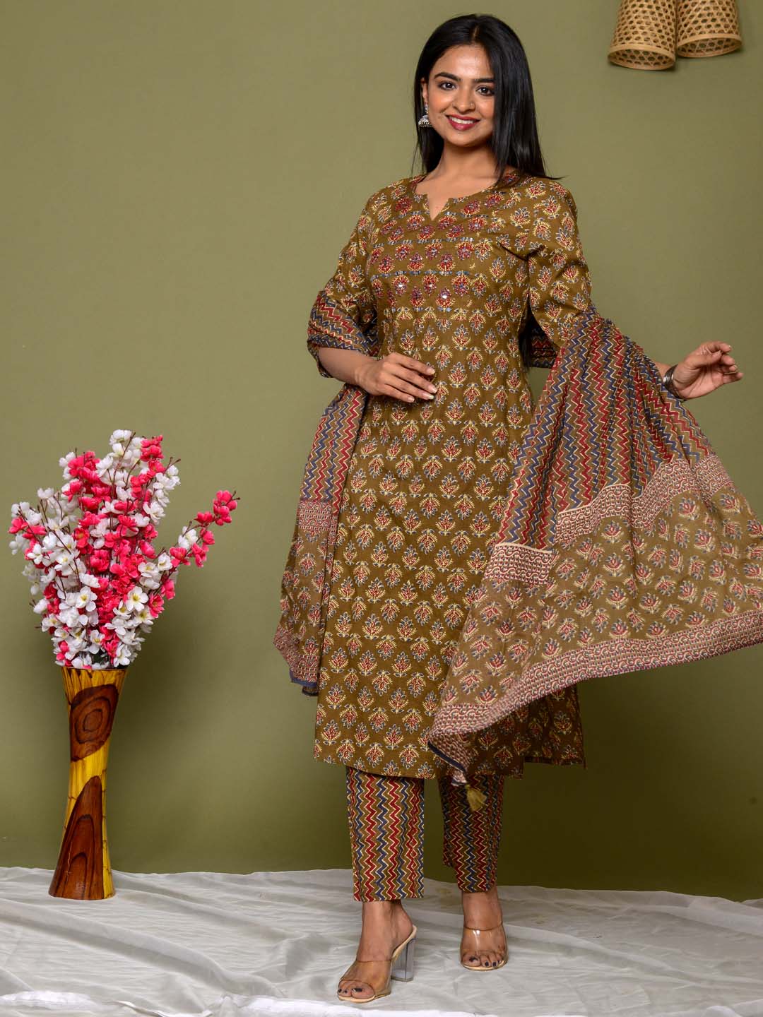 Embroidered Straight Cotton Kurta Set With Pants &amp; Dupatta