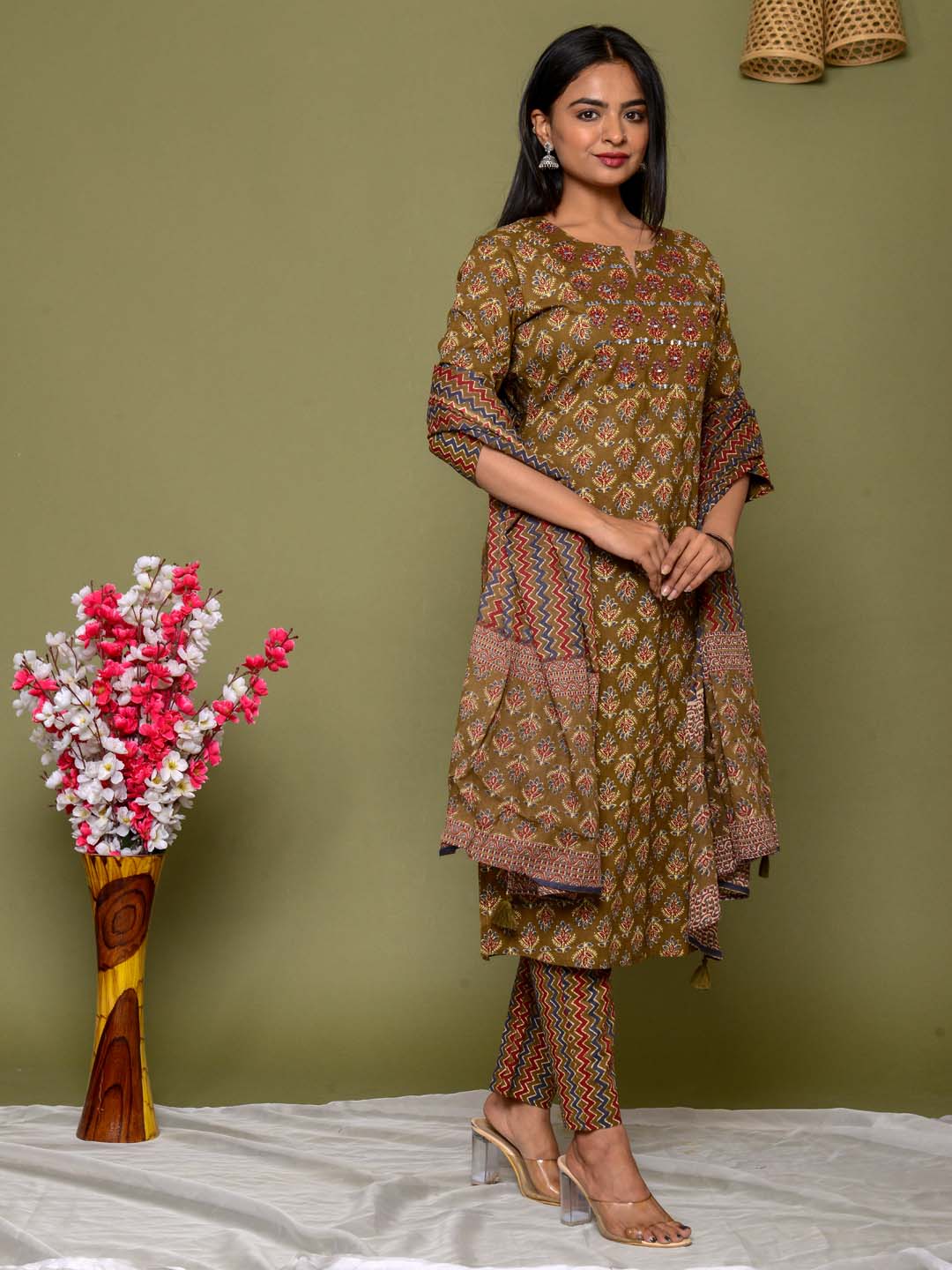 Embroidered Straight Cotton Kurta Set With Pants &amp; Dupatta