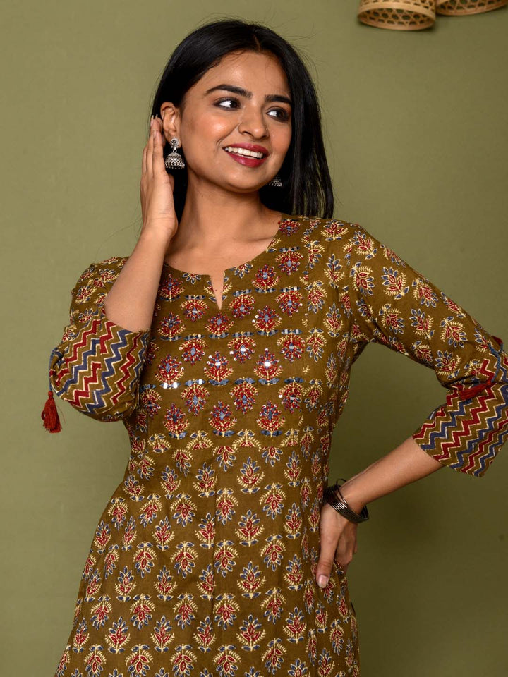 Embroidered Straight Cotton Kurta Set With Pants &amp; Dupatta