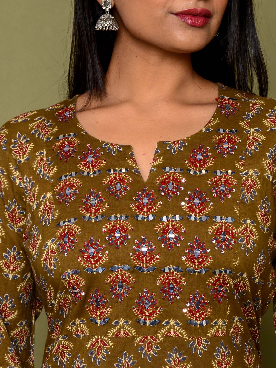 Embroidered Straight Cotton Kurta Set With Pants &amp; Dupatta