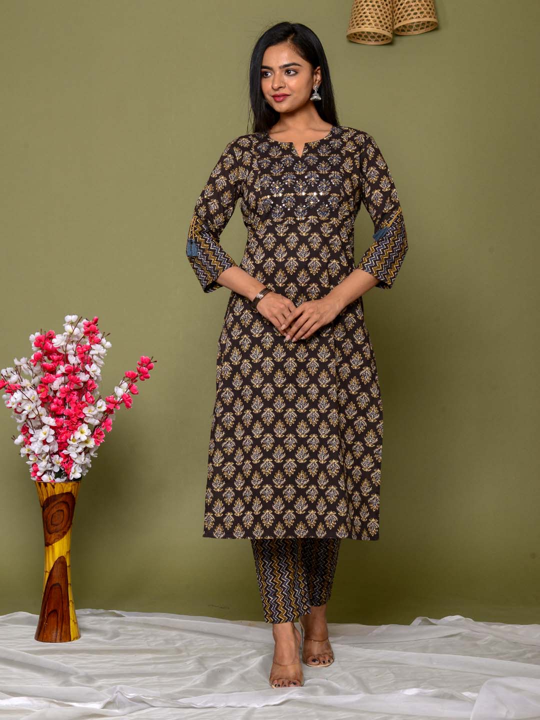 Embroidered Straight Cotton Kurta Set With Pants &amp; Dupatta