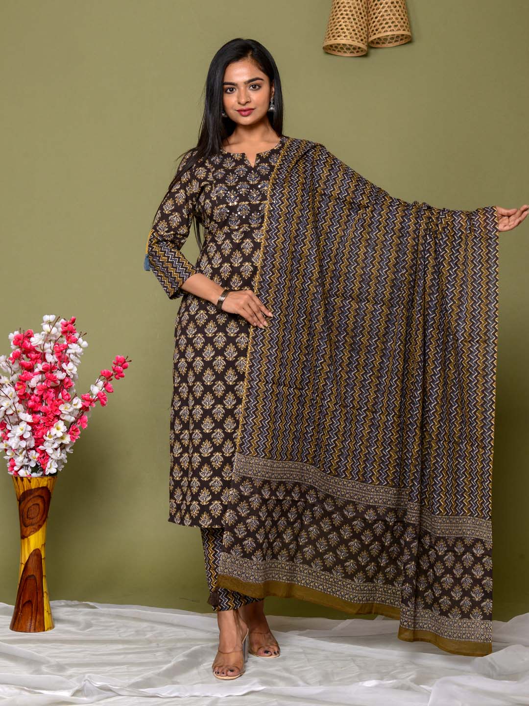Embroidered Straight Cotton Kurta Set With Pants &amp; Dupatta