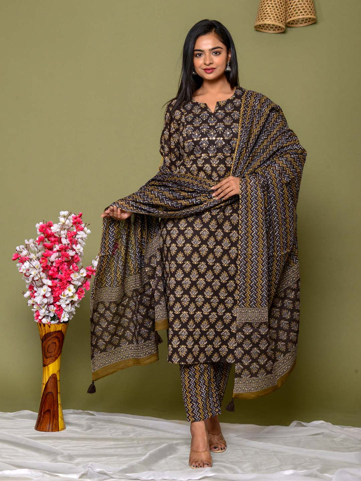 Embroidered Straight Cotton Kurta Set With Pants &amp; Dupatta