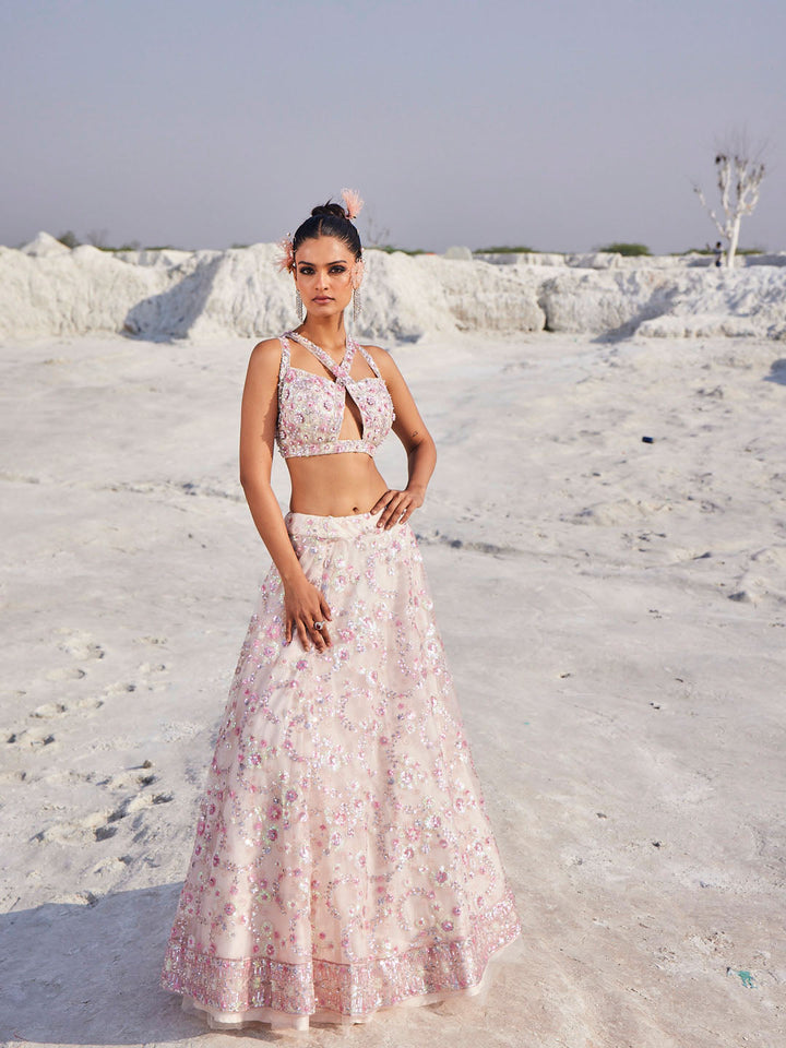 Sequin Embroidered Choli With Lehenga &amp; Dupatta