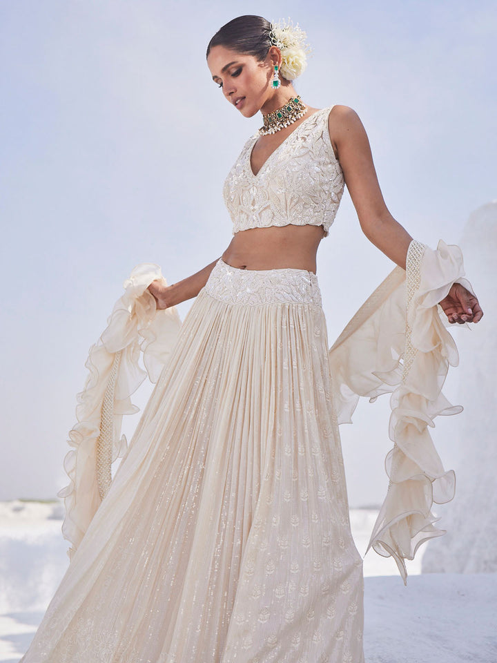 Sequin Embroidered Georgette Choli With Lehenga &amp; Dupatta