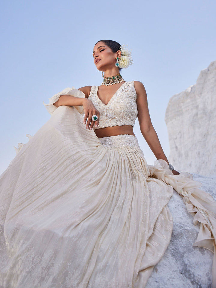 Sequin Embroidered Georgette Choli With Lehenga &amp; Dupatta