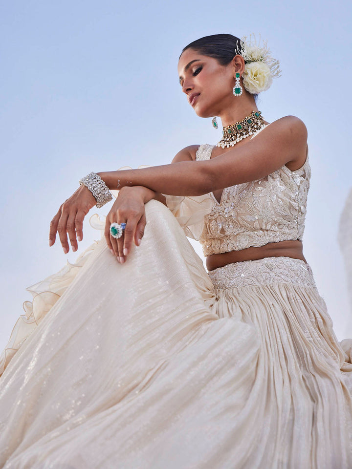 Sequin Embroidered Georgette Choli With Lehenga &amp; Dupatta