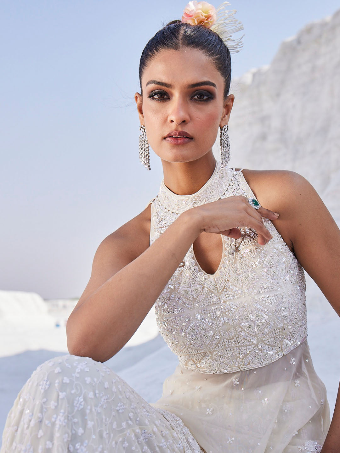 Resham Sequin Embroidered Georgette Kurti With Sharara With Dupatta