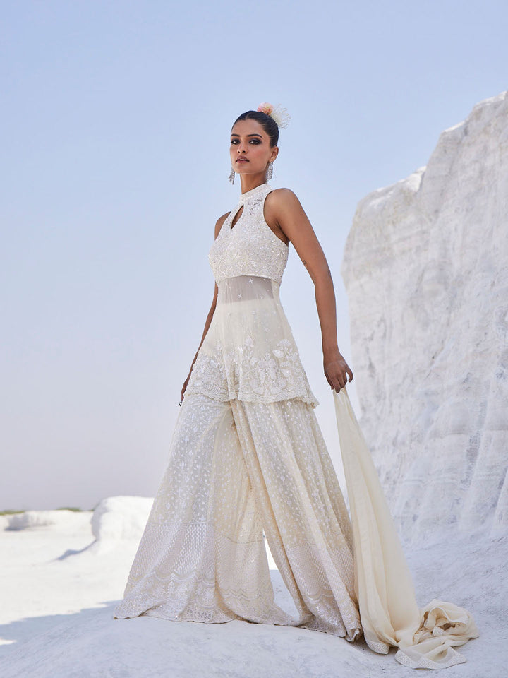 Resham Sequin Embroidered Georgette Kurti With Sharara With Dupatta