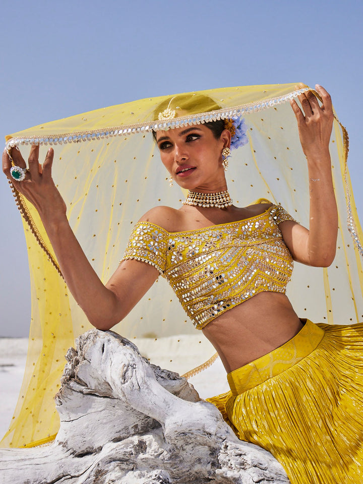Mirror Embroidered Georgette Choli With Lehenga &amp; Dupatta