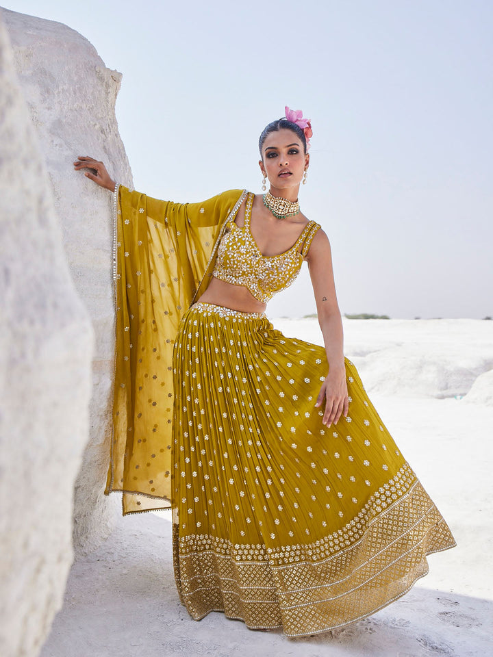 Sequin Embroidered Georgette Choli With Lehenga &amp; Dupatta