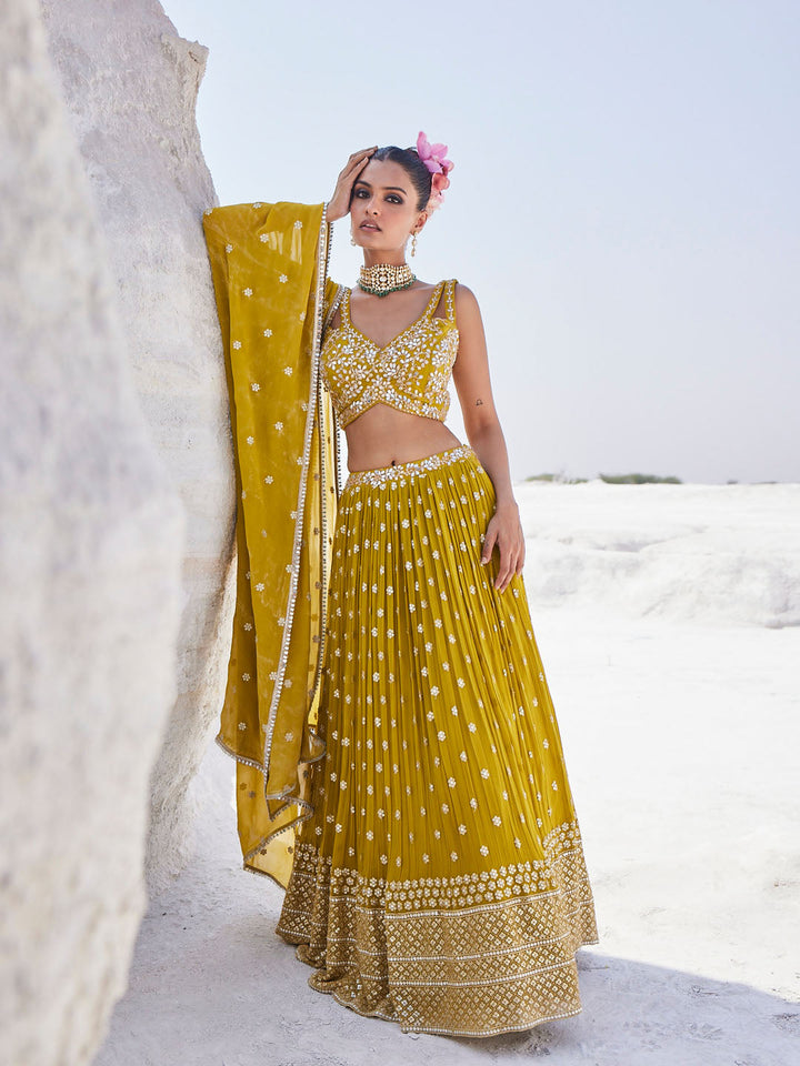 Sequin Embroidered Georgette Choli With Lehenga &amp; Dupatta