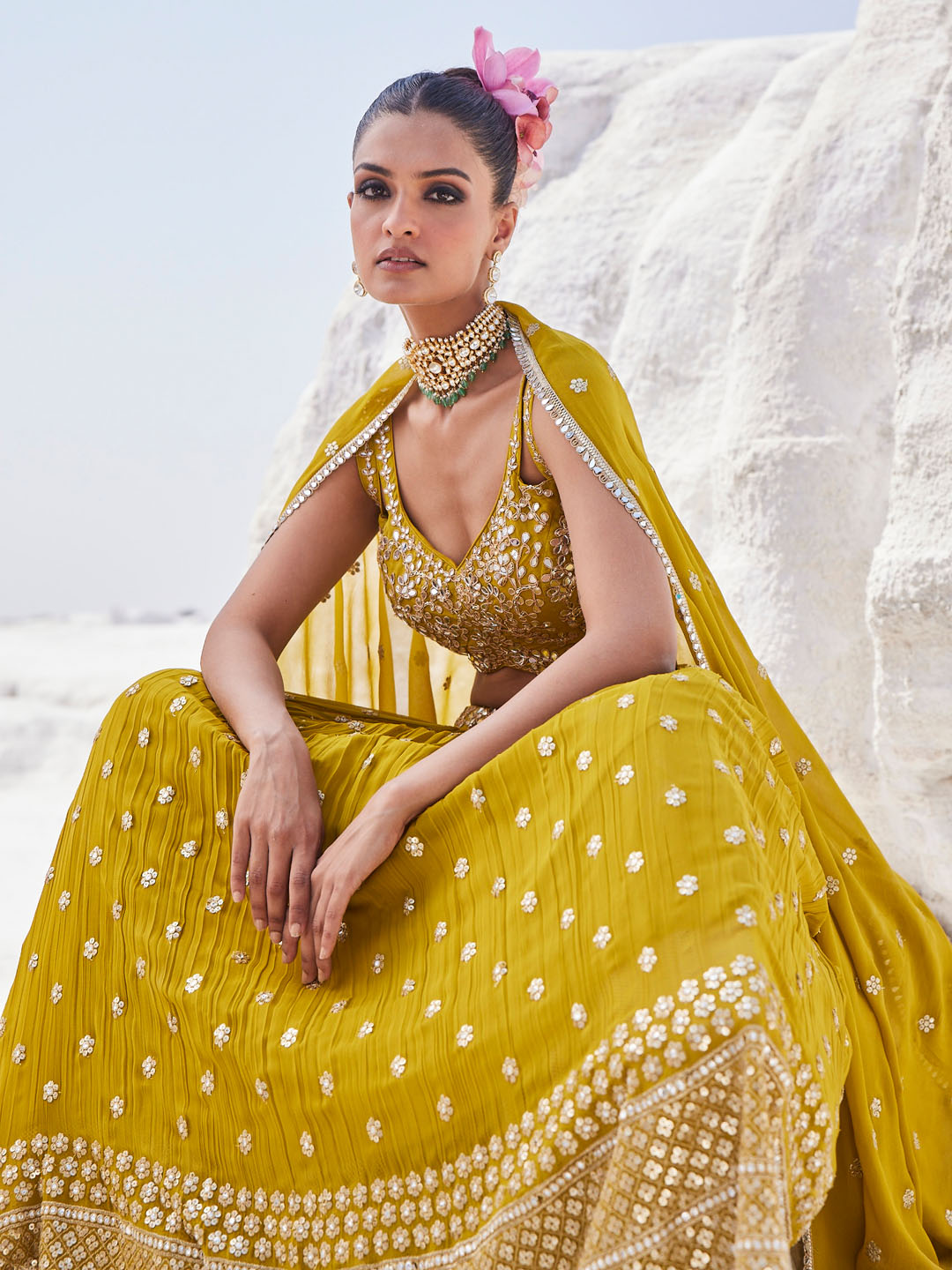 Sequin Embroidered Georgette Choli With Lehenga &amp; Dupatta