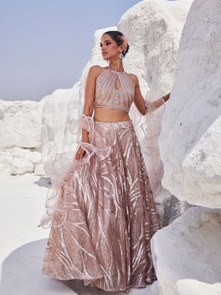 Sequin Embroidered Net Choli With Lehenga &amp; Dupatta