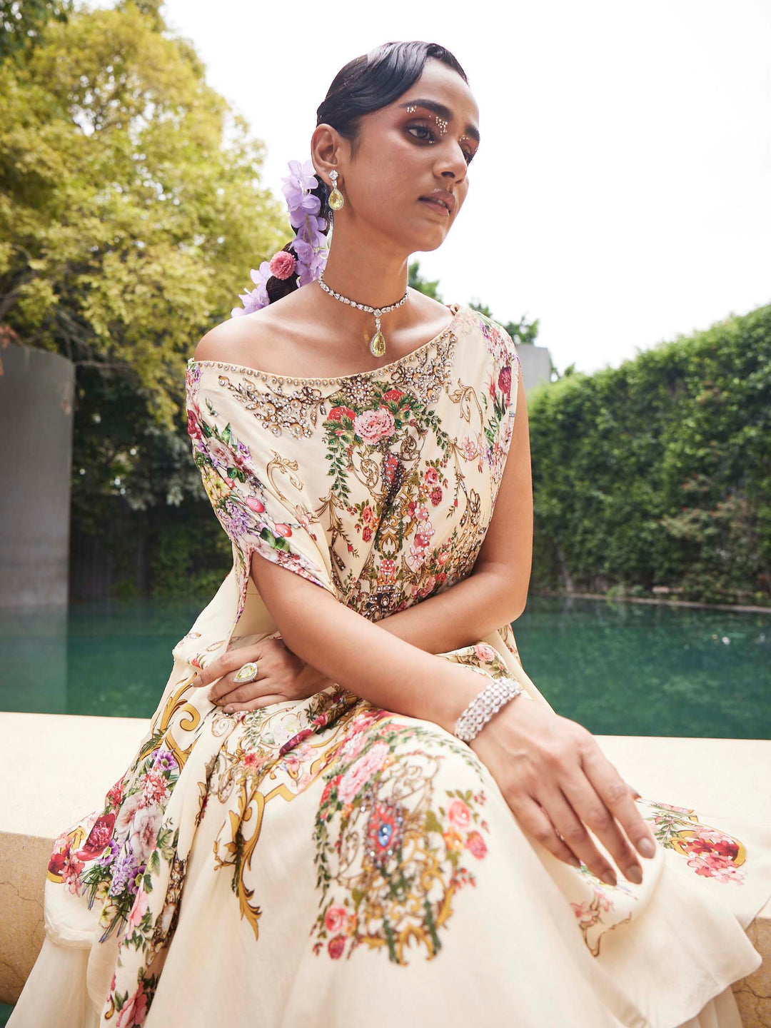 Floral Printed Crepe Choli With Lehenga &amp; Dupatta