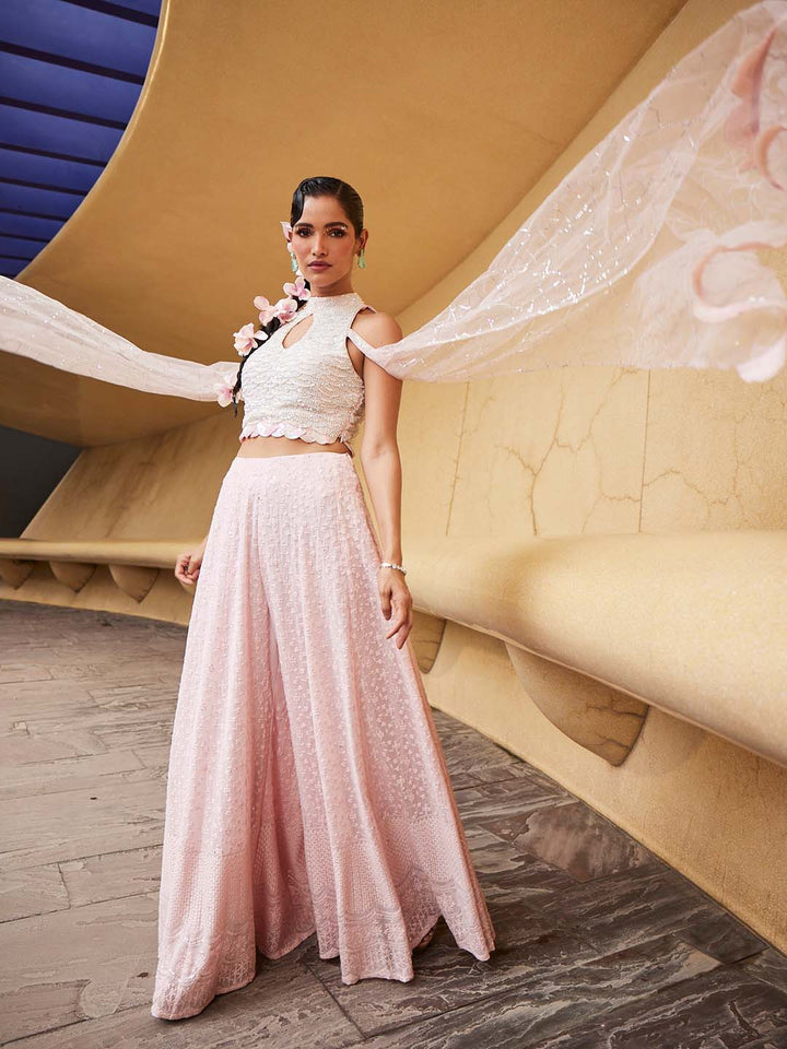 Resham Embroidered Georgette Crop Top With Pants &amp; Dupatta