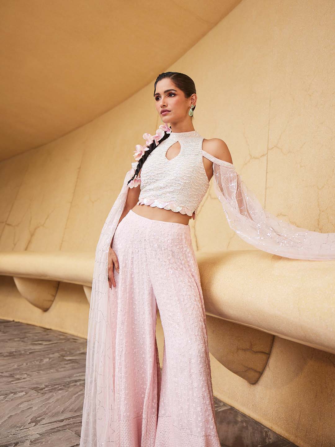 Resham Embroidered Georgette Crop Top With Pants &amp; Dupatta