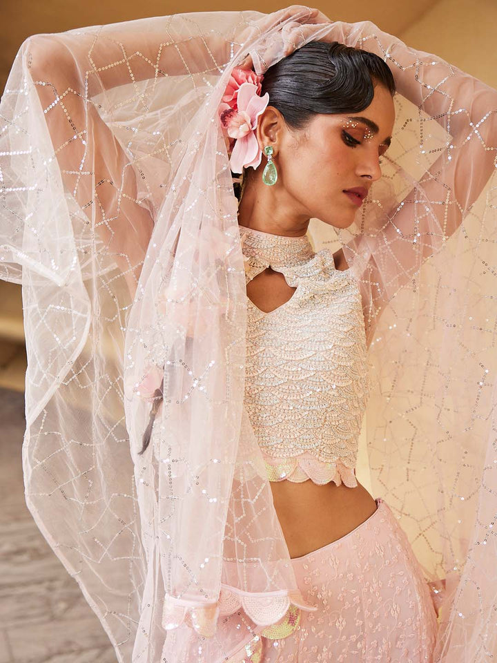 Resham Embroidered Georgette Crop Top With Pants &amp; Dupatta