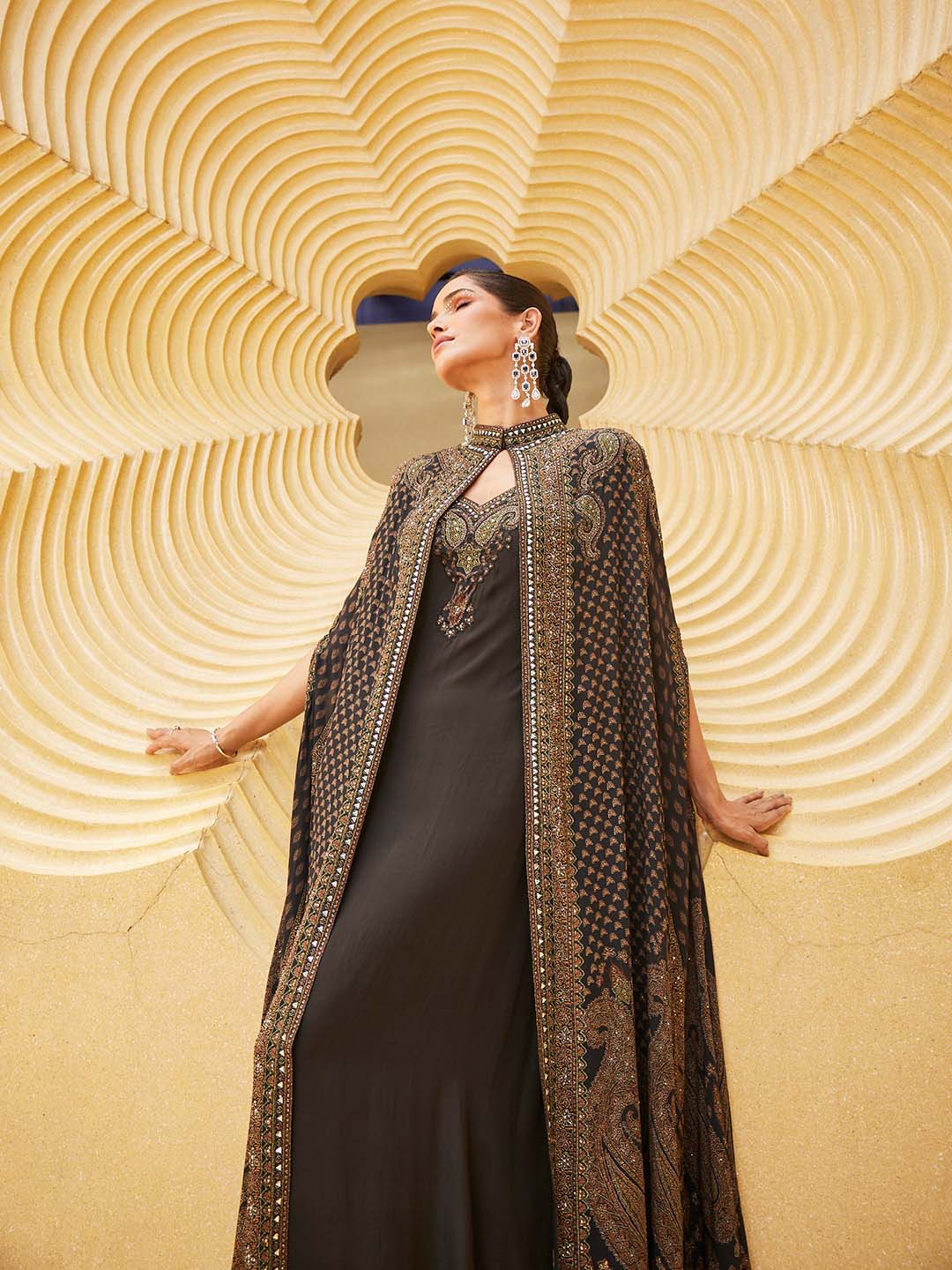 Digital Printed Crepe Gown Dress With Cape